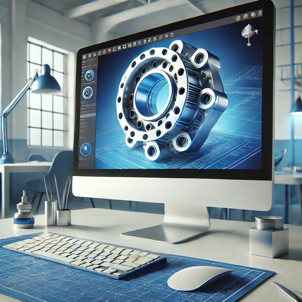 Planung und Entwicklung von technischen Konstruktionen, Vorrichtungen, Geräten und Ersatzteilen, angepasst an die individuellen Anforderungen des Kunden. Beispielbild: 3D Modell eines Zykloidgetriebes auf einem Monitor