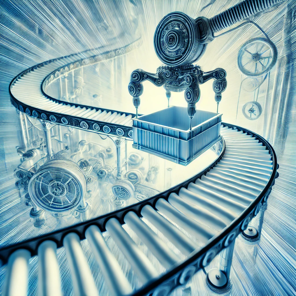 Entwicklung von Spezialapparaten, welche nicht bestellt werden können, Transportbänder, Vorschübe, Hebeeinrichtungen,die Entwicklung von Funktionsmustern und Prototypen. Beispielbild: eine Hebeeinrichtung, welche ein Produkt von einem Förderband auf ein höheres Förderband bewegt.