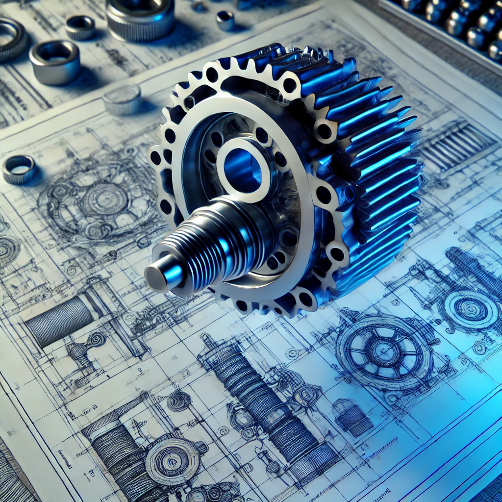 Spezialisierung auf maßgeschneiderte Ersatzteile für ältere oder nicht mehr verfügbare Maschinen. Wir rekonstruieren fehlende Teile anhand von Bildern, Erinnerungen oder durch präzise Messungen an der Maschine vor Ort. Alternativ können vorhandene Bauteile exakt nachkonstruiert werden. Beispielbild: ein kompliziertes 3D Teil was man auf einer Zeichnung sieht und über der Zeichnung fliegt.