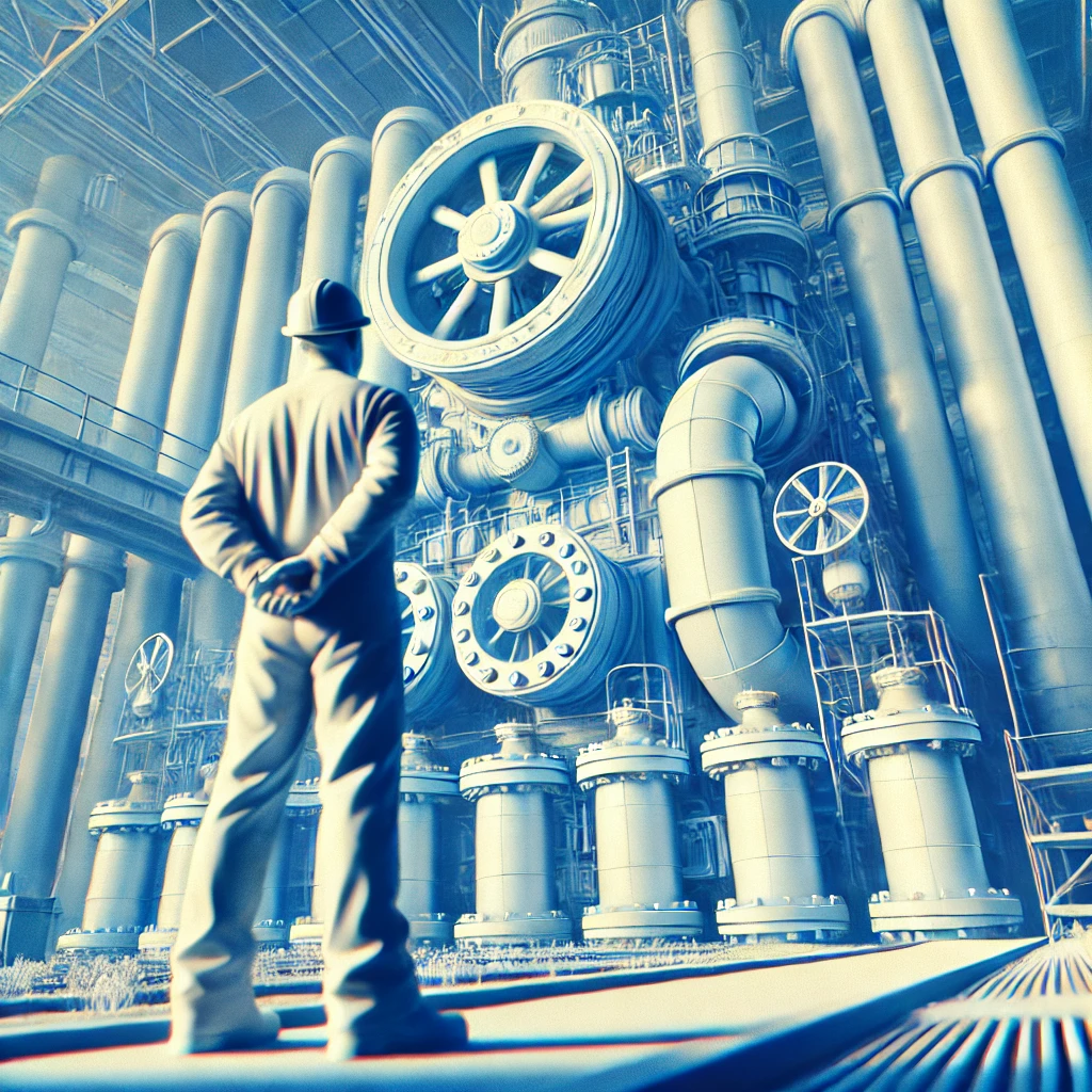 Überwachung und Kontrolle der Einhaltung von Produktionsprozessen und Qualitätsstandards direkt vor Ort beim Kunden. Beispielbild: ein Ingenieure welcher den Bau einer großen Maschine mit riesigen Rohren beaufsichtigt.