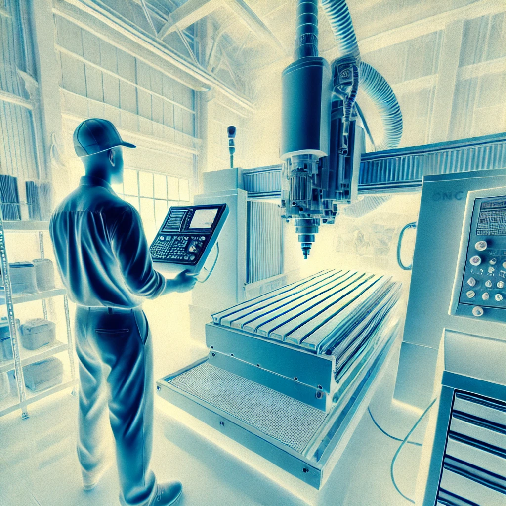 Koordination und Durchführung der Inbetriebnahme von Anlagen und Maschinen, einschließlich Testläufen und Optimierungsschritten vor Ort. Beispielbild: ein Ingenieure bei der Beratung mit zwei Untergebenen in einer Werkhalle vor Maschinen