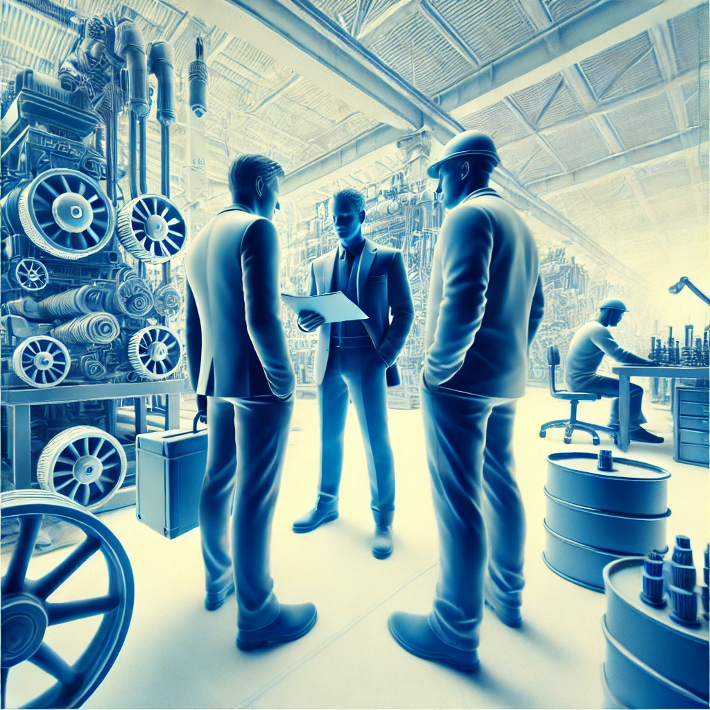 Koordination und Durchführung der Inbetriebnahme von Anlagen und Maschinen, einschließlich Testläufen und Optimierungsschritten vor Ort. Beispielbild: ein Ingenieure bei der Beratung mit zwei Untergebenen in einer Werkhalle vor Maschinen