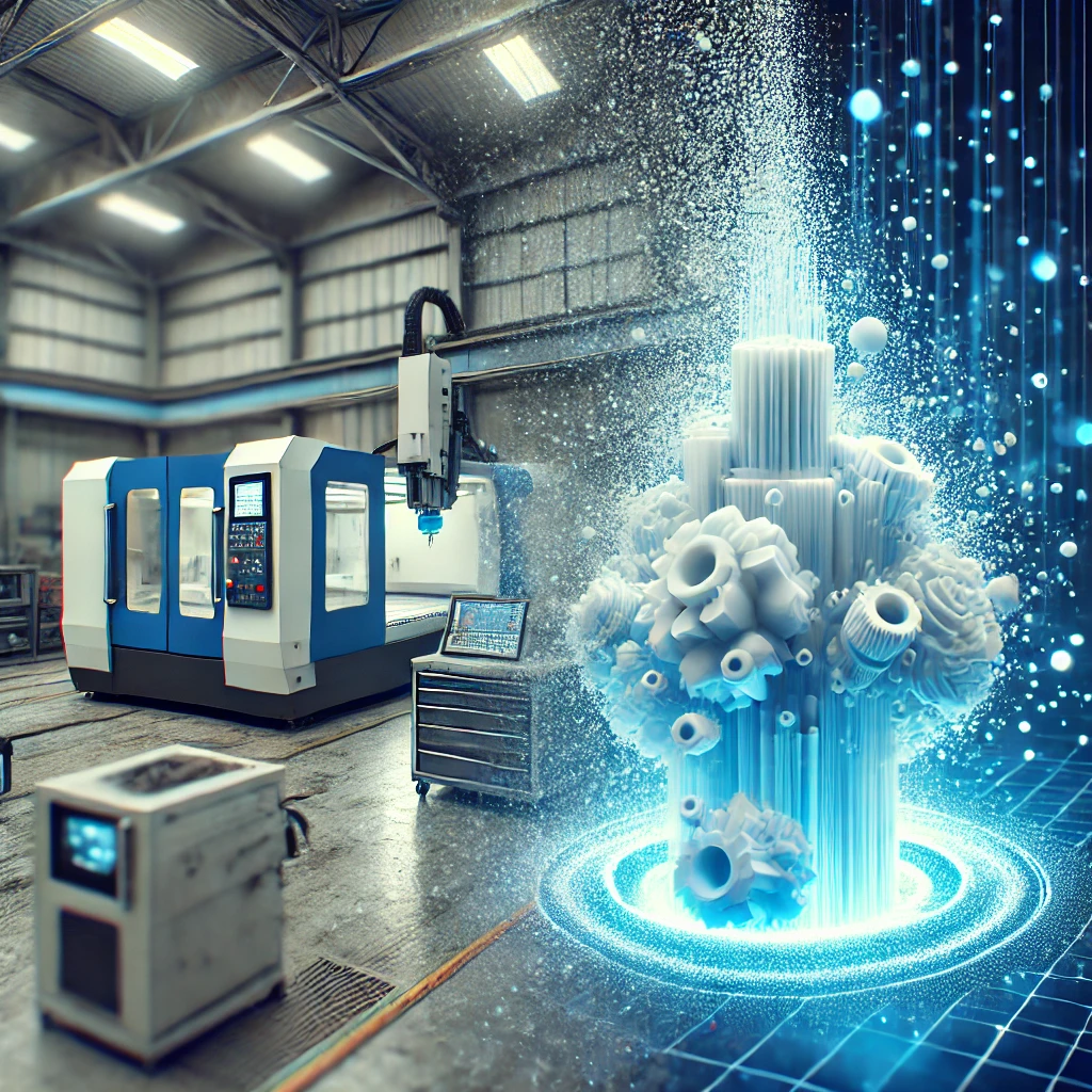 Durchführung von 3D-Scans zur Digitalisierung von Objekten, Bauteilen oder Werkzeugen für die CAD-basierte Weiterverarbeitung oder Reproduktion. Beispielbild:  eine Werkhalle mit CNC-Maschinen, welche in ein Punktewolke übergeht.