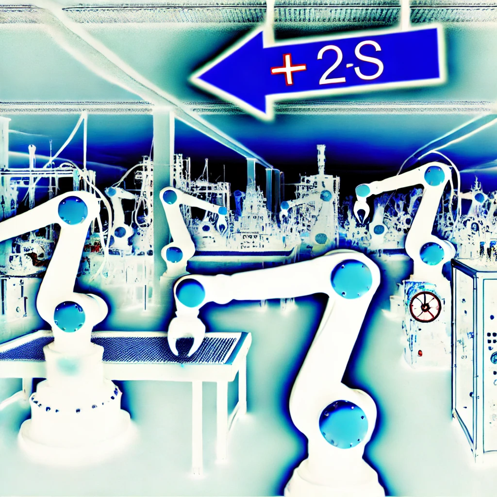 Analyse und Optimierung bestehender Produktionsprozesse mit dem Ziel, Engpässe zu beseitigen und die Effizienz zu steigern. Durch gezielte Maßnahmen können Produktionszeiten verkürzt und die Serienfertigung verbessert werden. Unser Ansatz reduziert Kosten und erhöht die Gesamteffizienz. Beispielbild: eine komplett mit Robotern und Maschinen vollgestellte Werkhalle, ein Pfeil zeigt auf ein Detail und man sieht den Schriftzug '+ 2s'