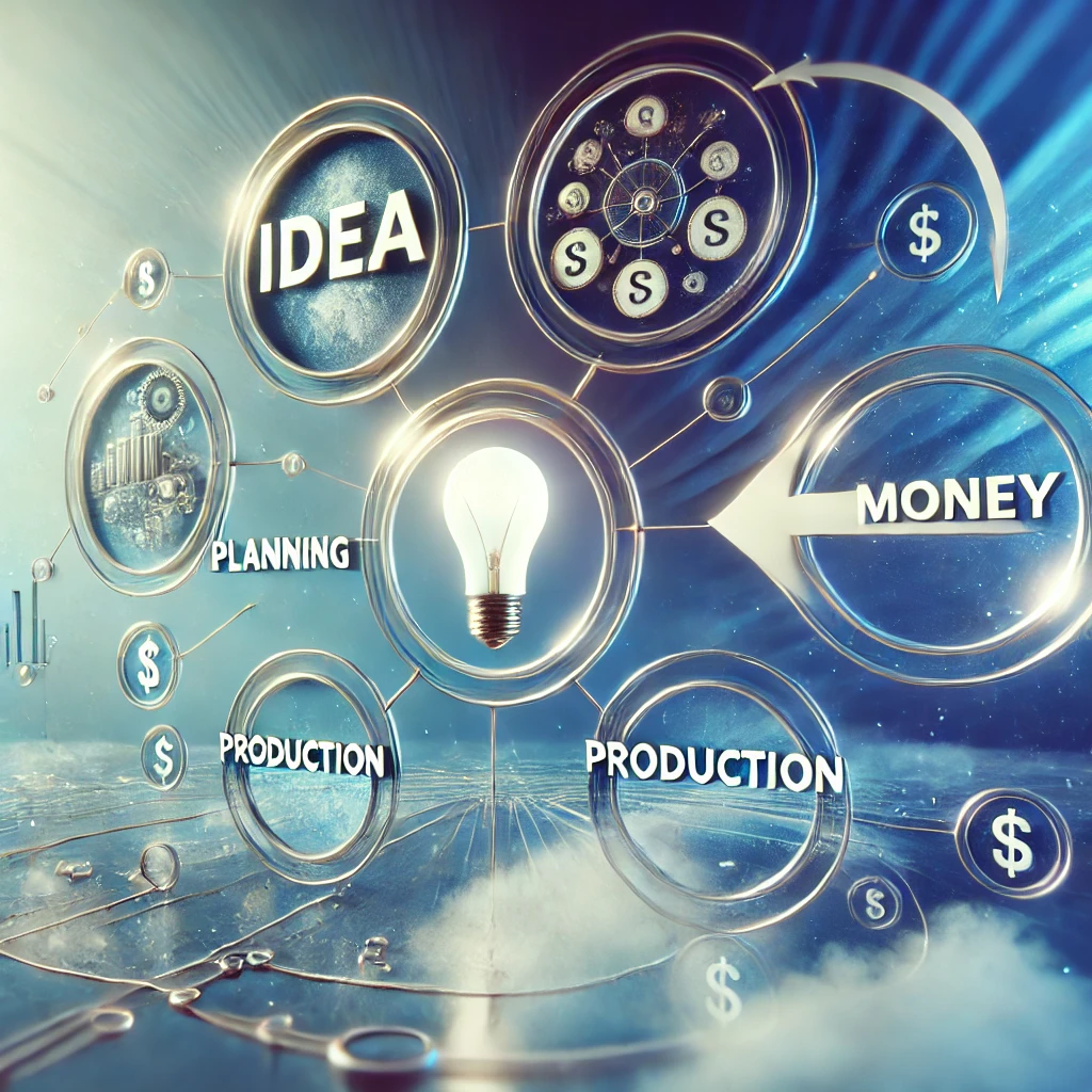 Beratung und Unterstützung bei der Planung und Realisierung von Amazon FBA-Projekten, sowohl für Kunden als auch als Eigeninitiative in produktionsarmen Zeiten. Wir optimieren bestehende, nicht patentgeschützte Produkte und bieten Unterstützung bei der Suche nach Finanzierungsoptionen wie Crowdfunding oder Risikokapital, um innovative Ideen auf den Markt zu bringen. Beispielbilder: ein Mindmap, erster Kreis ist ein Bild einer Idee, Pfeil zum Kreismit einem Bild von 'Planung', Pfeil zum Kreis mit einem Bild von Produktion und der letzte Pfeil zum Kreis mit Geld