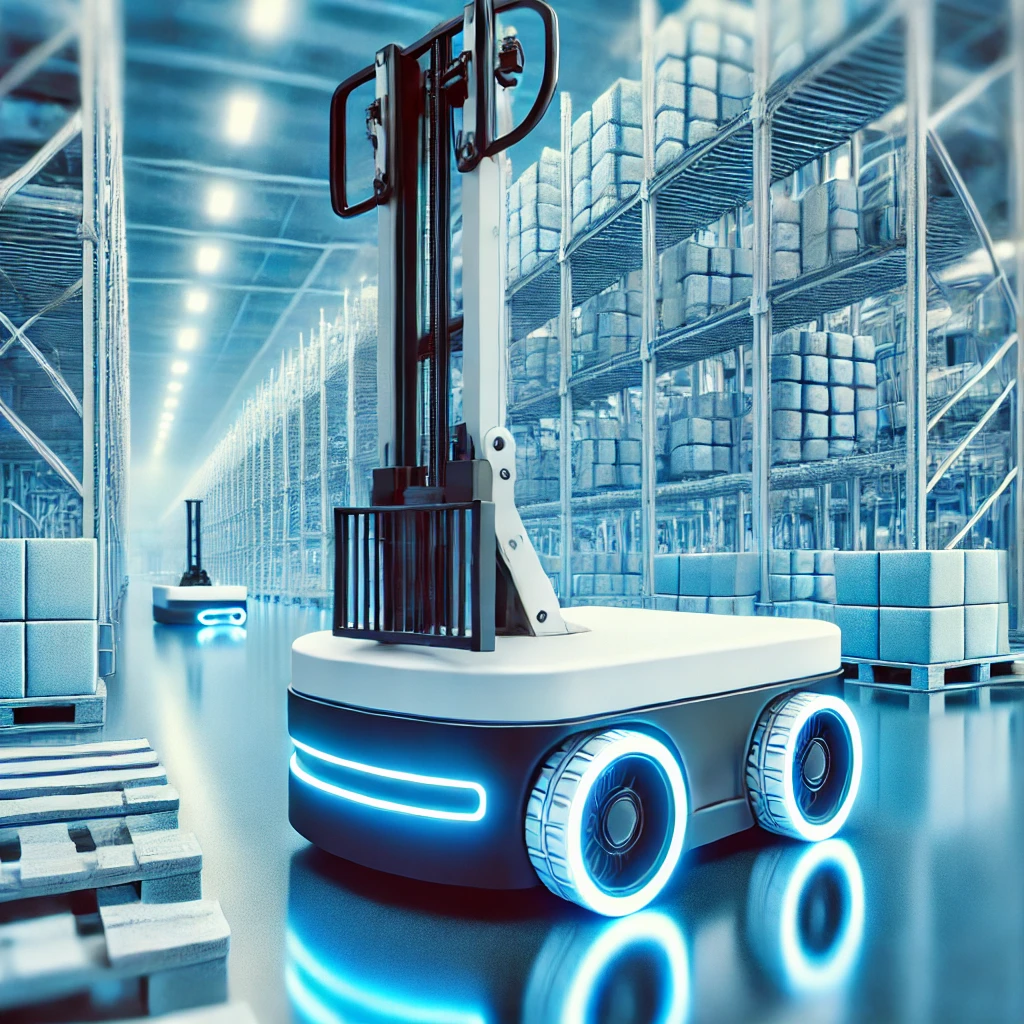 Planung und Implementierung von Roboterlösungen zur Automatisierung und Optimierung bestehender Produktionsabläufe. Durch die Integration in vorhandene Systeme können Rüstzeiten minimiert und die Effizienz gesteigert werden. Ziel ist die Reduzierung manueller Eingriffe und die Senkung von Personalkosten. Beispielbild: ein Roboter, welcher autonom im Werk herumfährt.