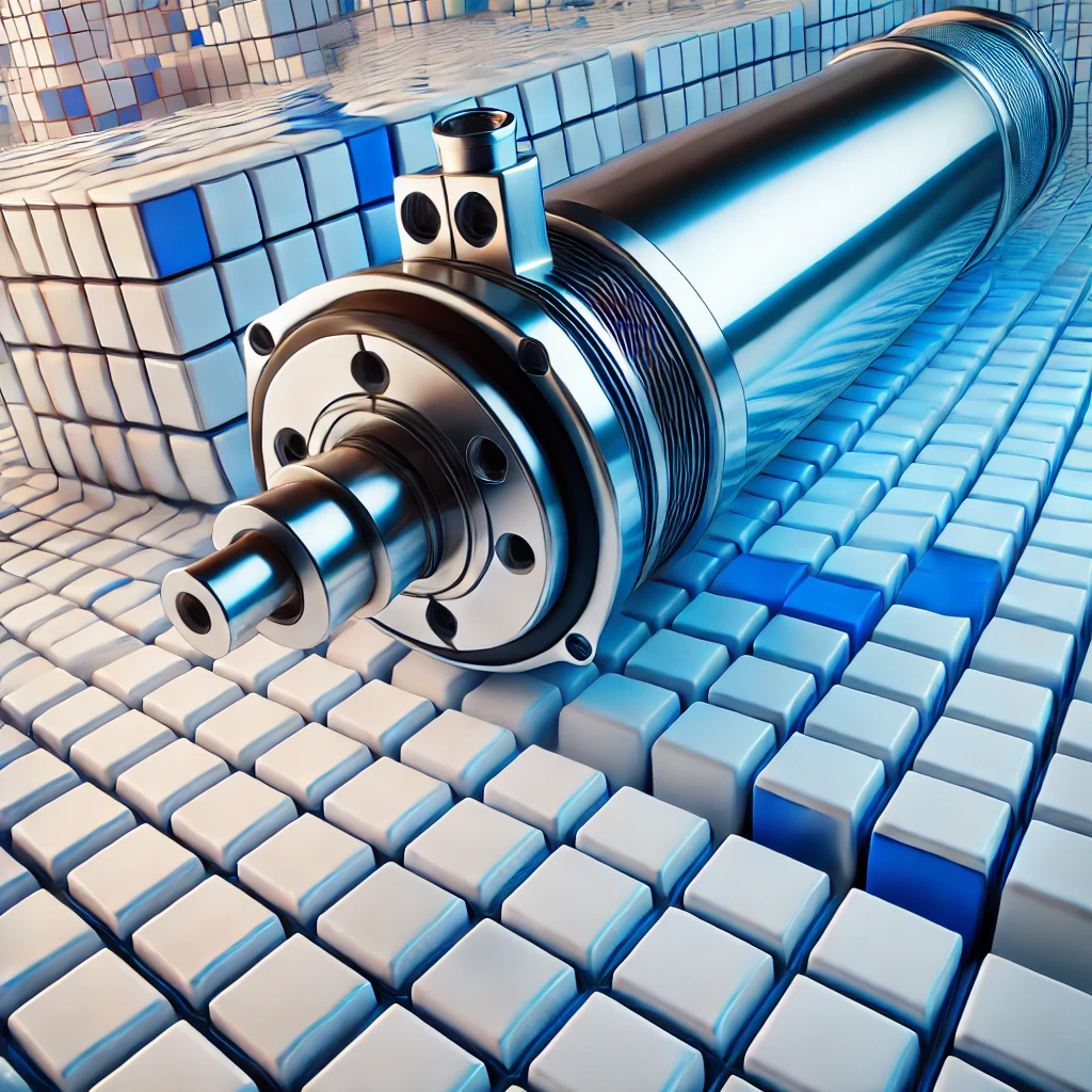 Zusätzlich plane wir, Schulungen und Weiterbildungen in CAD-Design und 3D-Druck anzubieten, um die Mitarbeiter der Unternehmen auf den neuesten Stand der Technik zu bringen. Ein weiterer Aspekt meines Geschäftsmodells ist die Beratung im Bereich Künstliche Intelligenz (KI) und die Integration von Robotertechnologien, um den Unternehmen meiner Kunden zu helfen, ihre Wettbewerbsfähigkeit zu steigern. Beispielbild: ein 3D gezeichneter  pneumatischer Zylinder in einem durch Kacheln angedeutetem 3D Raum/dreidimensionales Koordinatensystem